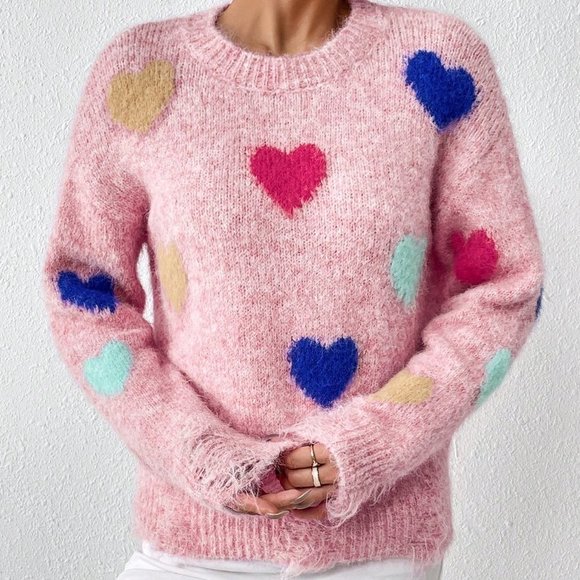 Pink Casual Womens Heart Pattern Drop Shoulder Sweater - Picture 5 of 5
